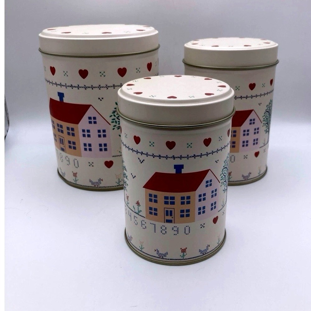 Canisters Homes Hearts & Numbers NEW Open Box Set of 3 Nesting Cottagecore